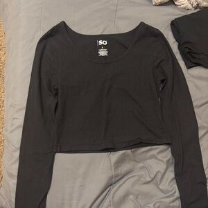 SO Black Long-Sleeve Cropped Scoop Neck Top